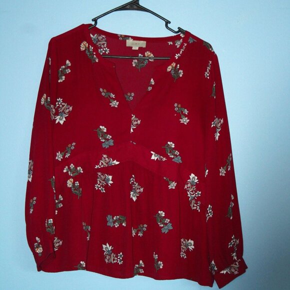 LOFT Outlet Small Women's V-Neck Button Sleeve Maroon Floral Top - Picture 1 of 16